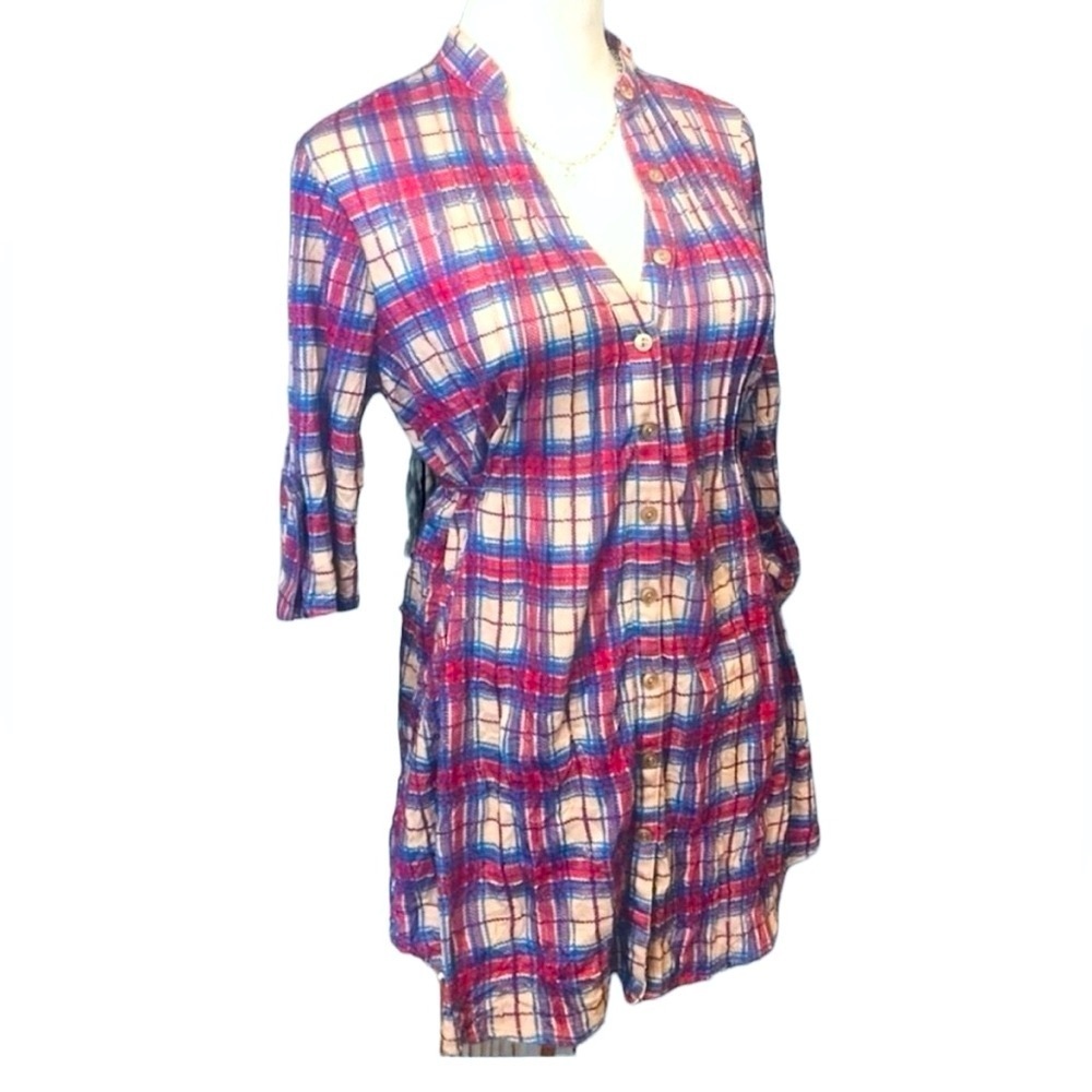 Charlotte Russe Plaid Red Blue White Tunic Shirt Tie Top Women’s Size Medium M